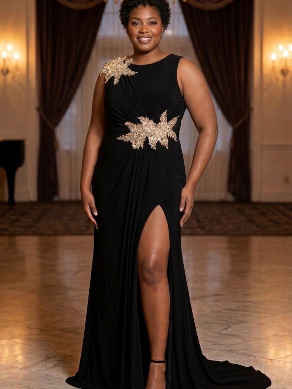 ELEGANT Black Floor-Length Evening Gown with Gold Floral Appliqué